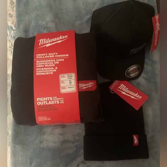 NWT 3 pcs- black Milwaukee Heavy Duty:Hoodie XL, skull cap & flex fit ball cap - Picture 5 of 5